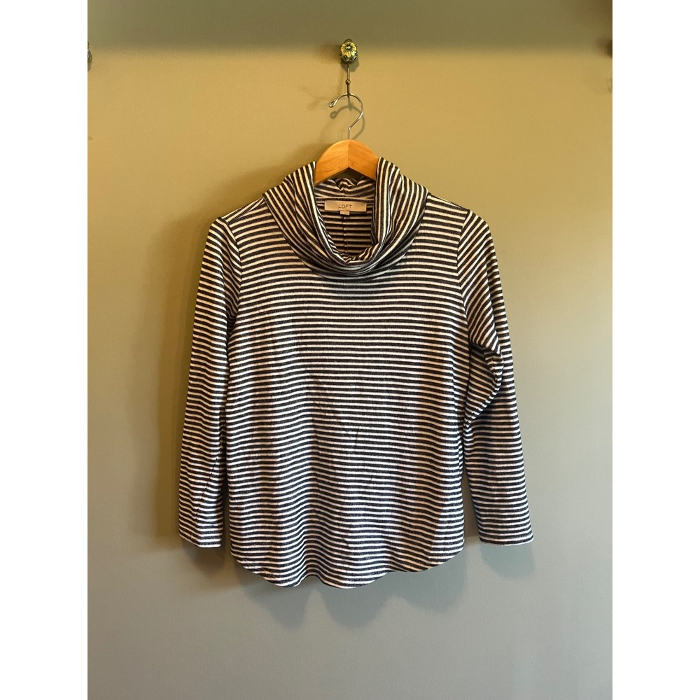 LOFT Womens Small Navy Blue White Striped Cowl Neck Long Sleeve Top
